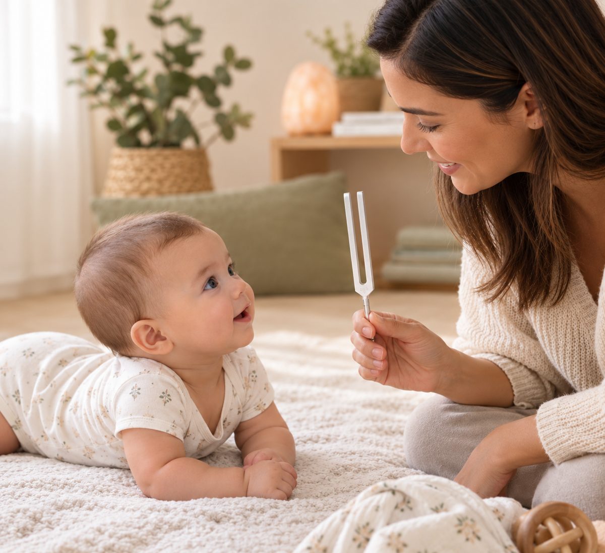 Mother sharing a gentle sound with her baby during tummy time